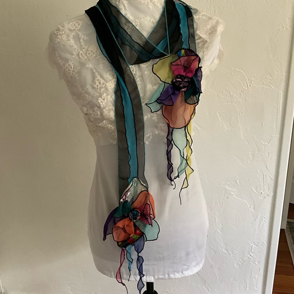 Handmade Floral Chiffon Rosette Scarf Long 88x3 NWOT